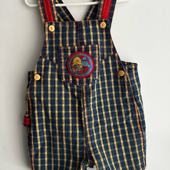 Sesame Street Other - Vintage Sesame Street Plaid patch kids shortalls